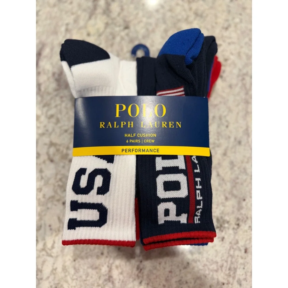 Polo Ralph Lauren Mens 6 Pack Performance Crew Socks USA Navy Red White NWT